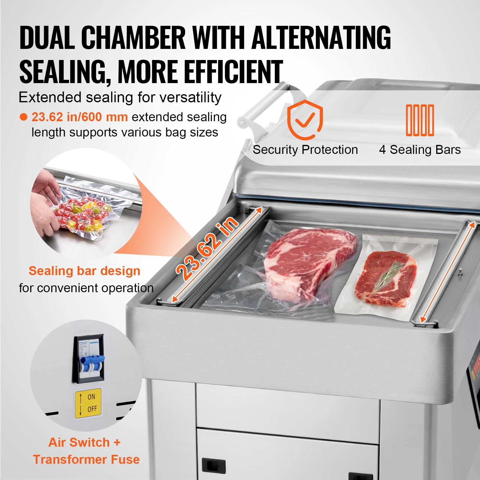 SucceBuy DZ-600-2S Chamber Vacuum Sealer 1200W Vacuum Packing Machine with 23.62" Sealing Length for Foods Meats Home Kitchen