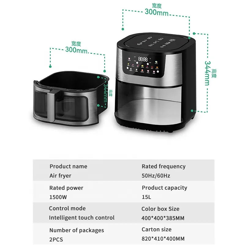 2024 New Smart Kitchen Household Air Deep Fryers Stainless Steel Healthy Large Capacity 15 Liters Electric Air Fryer Without Oil