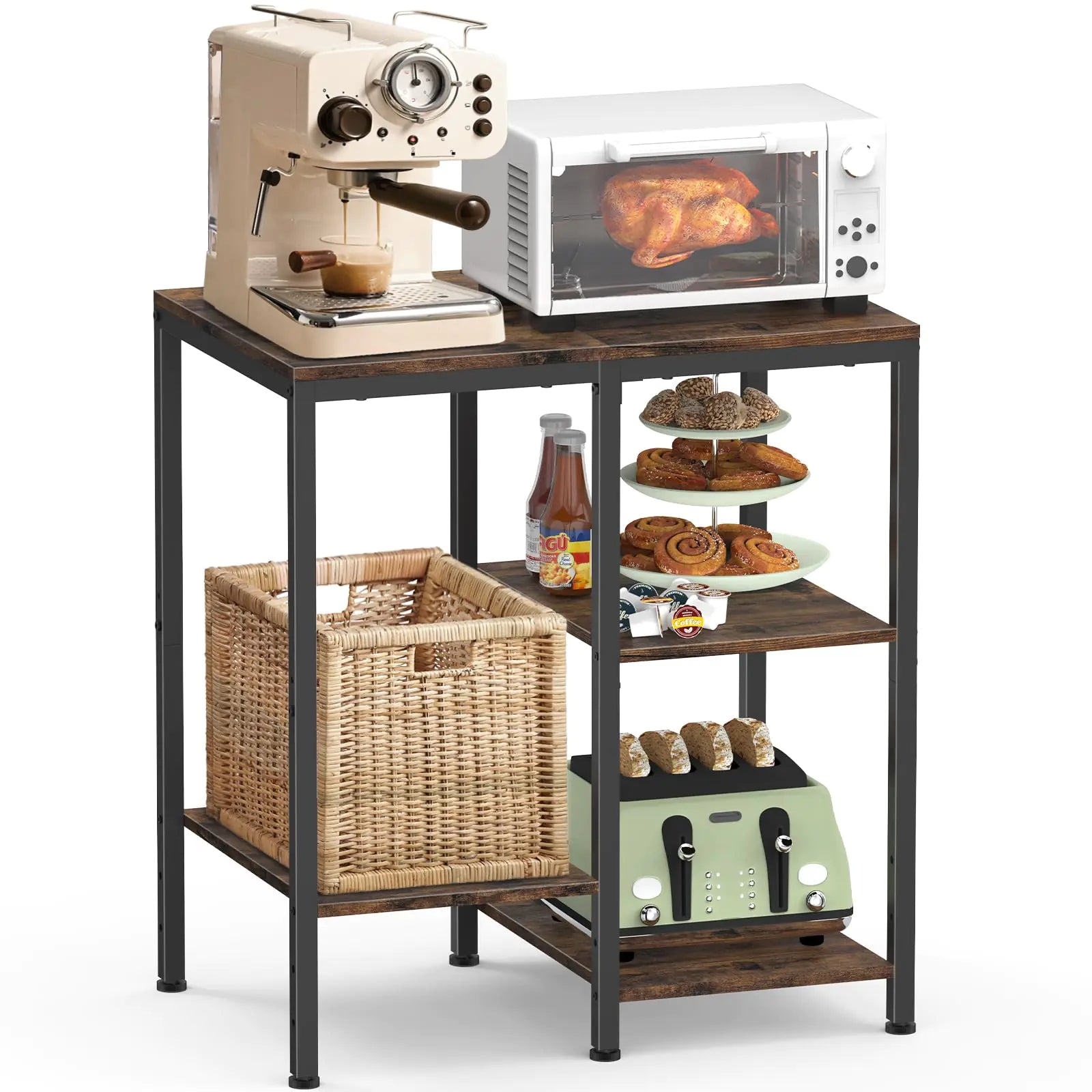 OGEMXU 4-Tier Kitchen Bakers Rack, Rustic Brown, with Adjustable Shelves
