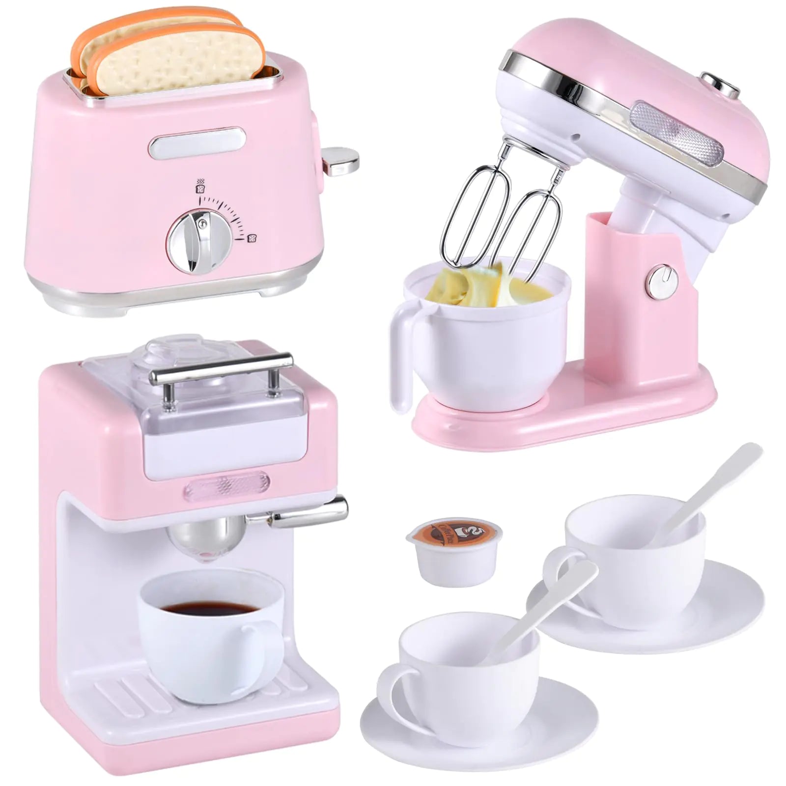 Pink Toy Kitchen Set with Coffee Maker, Mixer & Toaster for Kids 3+