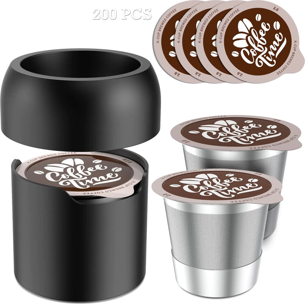 Reusable Coffee Pod Refill Kit for Keurig 1.0 &amp; 2.0 – Includes 2 Stainless Steel K-Cups, 1 Holder &amp; 200 Aluminum Foil Seal Lids