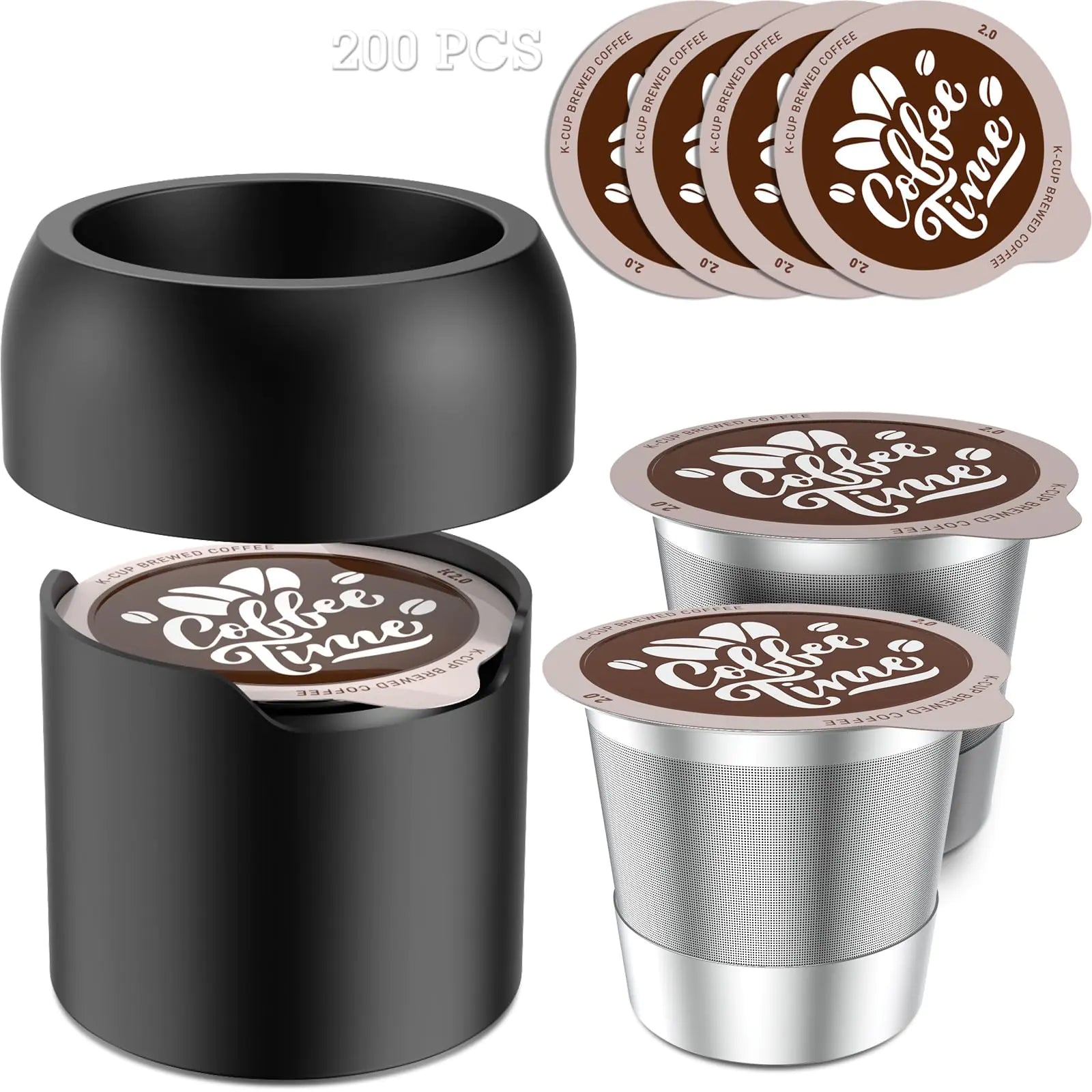Reusable Coffee Pod Refill Kit for Keurig 1.0 &amp; 2.0 – Includes 2 Stainless Steel K-Cups, 1 Holder &amp; 200 Aluminum Foil Seal Lids