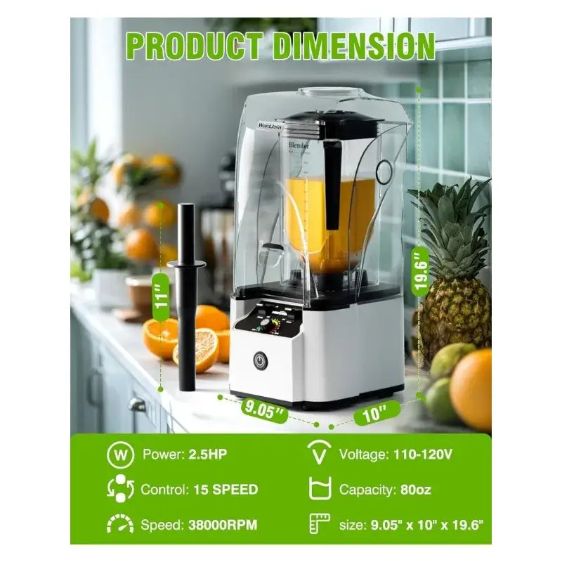 High-performance soundproof blender with a 2.5 HP copper motor, 80oz durable jar, and 6 stainless steel blades for fast, quiet, and smooth blending results.