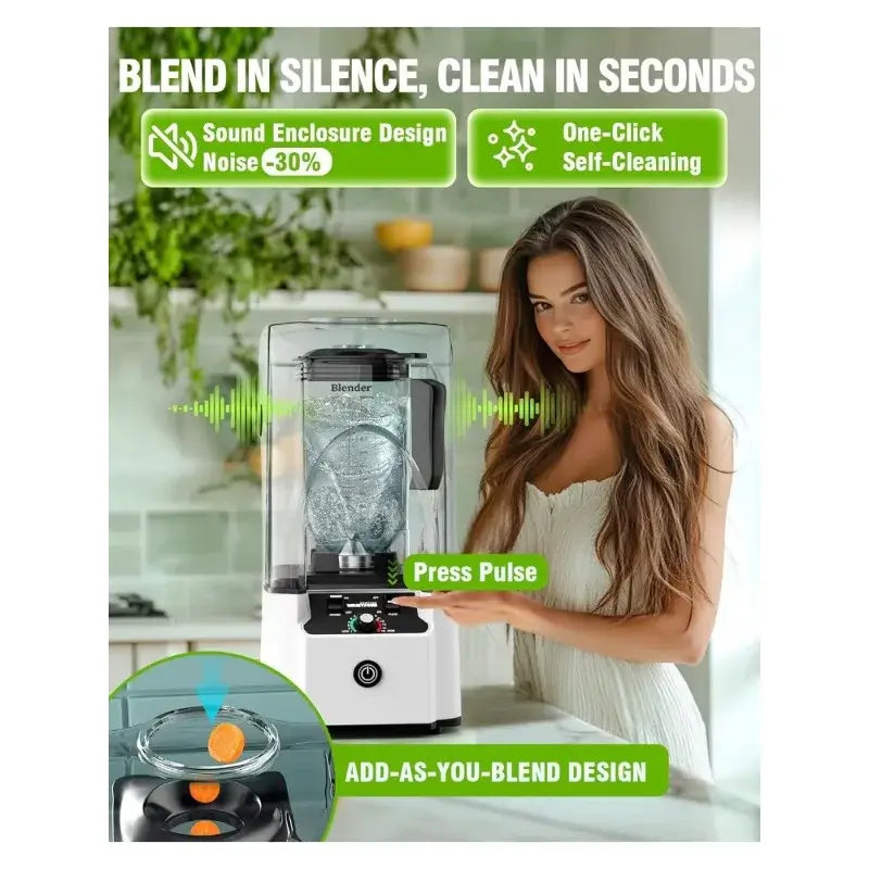 High-performance soundproof blender with a 2.5 HP copper motor, 80oz durable jar, and 6 stainless steel blades for fast, quiet, and smooth blending results.