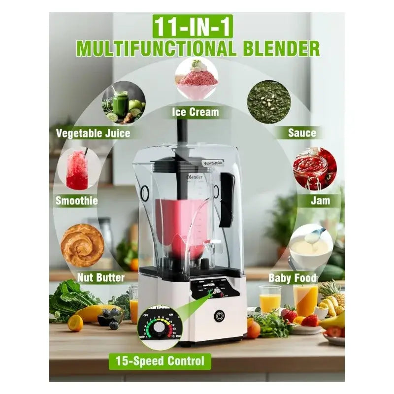 High-performance soundproof blender with a 2.5 HP copper motor, 80oz durable jar, and 6 stainless steel blades for fast, quiet, and smooth blending results.