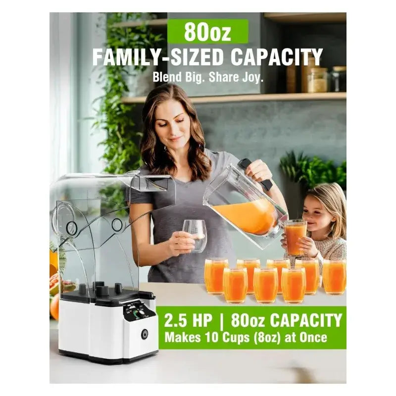 High-performance soundproof blender with a 2.5 HP copper motor, 80oz durable jar, and 6 stainless steel blades for fast, quiet, and smooth blending results.